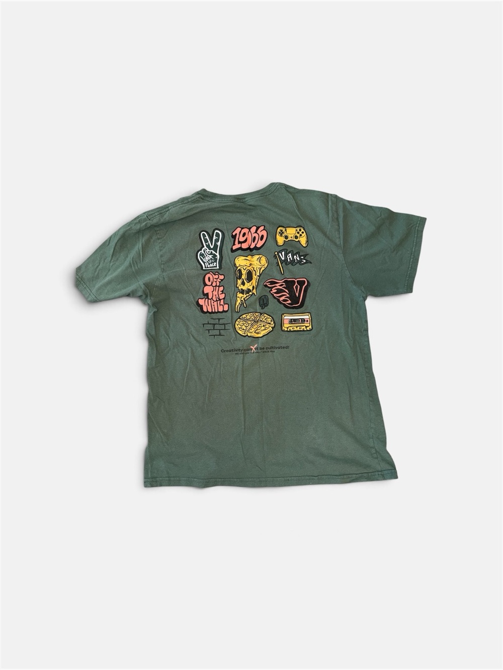 Vans Kids Olive Green Short Sleeve Tee with Colorful Back Patch Graphics